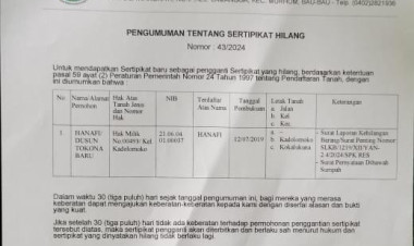 Kantor Pertanahan Kota Baubau Keluarkan Surat Pengumuman Kehilangan Sertifikat Tanah Milik Hanafi